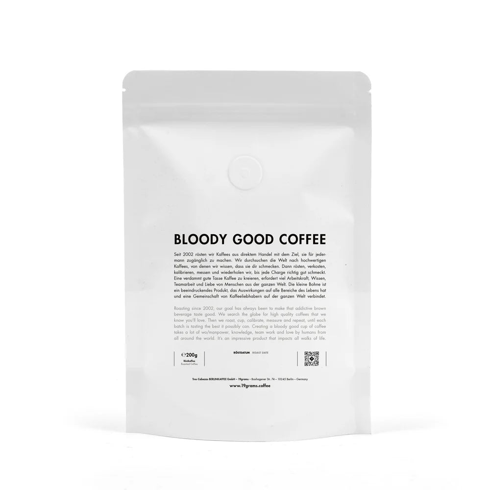 19grams Kaffeebeutel Rückseiten-Label Mockup 200g – Specialty Coffee Verpackung von 19grams Coffee Roasters Berlin