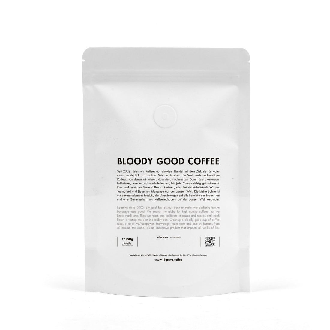 19grams weißer Beutel Rückseite mit schwarzem Text für 250g Kaffee