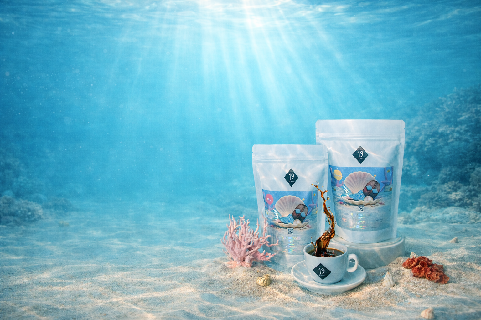 19grams Siren's Call Kaffeebeutel auf dem Meeresboden mit Espressotasse, Korallen und türkisblauem Unterwasser-Ambiente