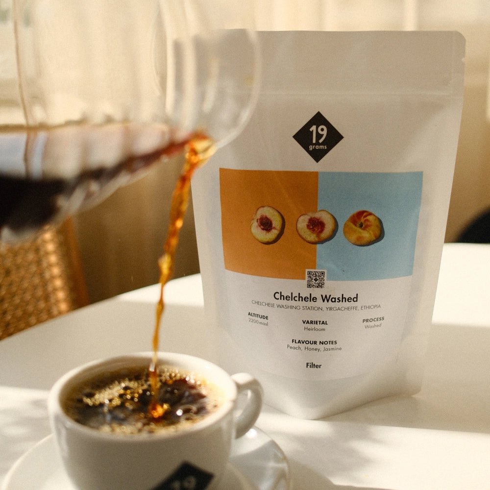 19grams Chelche Washed Filter Kaffee aus Äthiopien auf dem Tisch mit frischem Kaffee