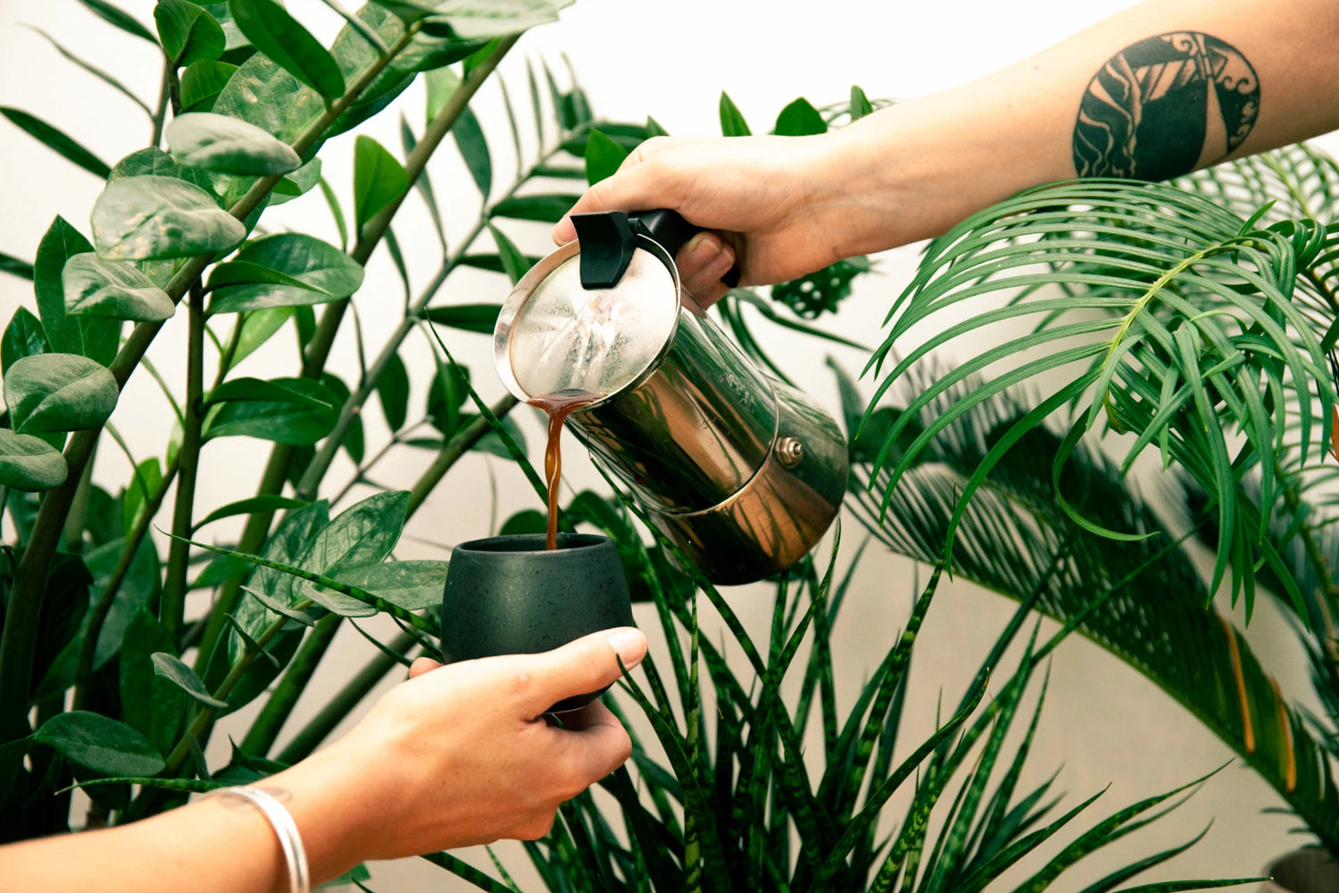 Kaffee wird aus Bialetti in Tasse gefüllt