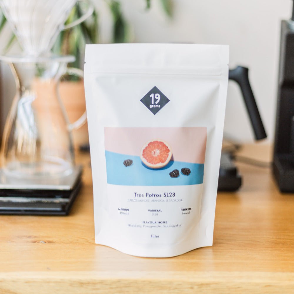 19grams Tres Potros SL28 Filter Kaffee auf der Theke