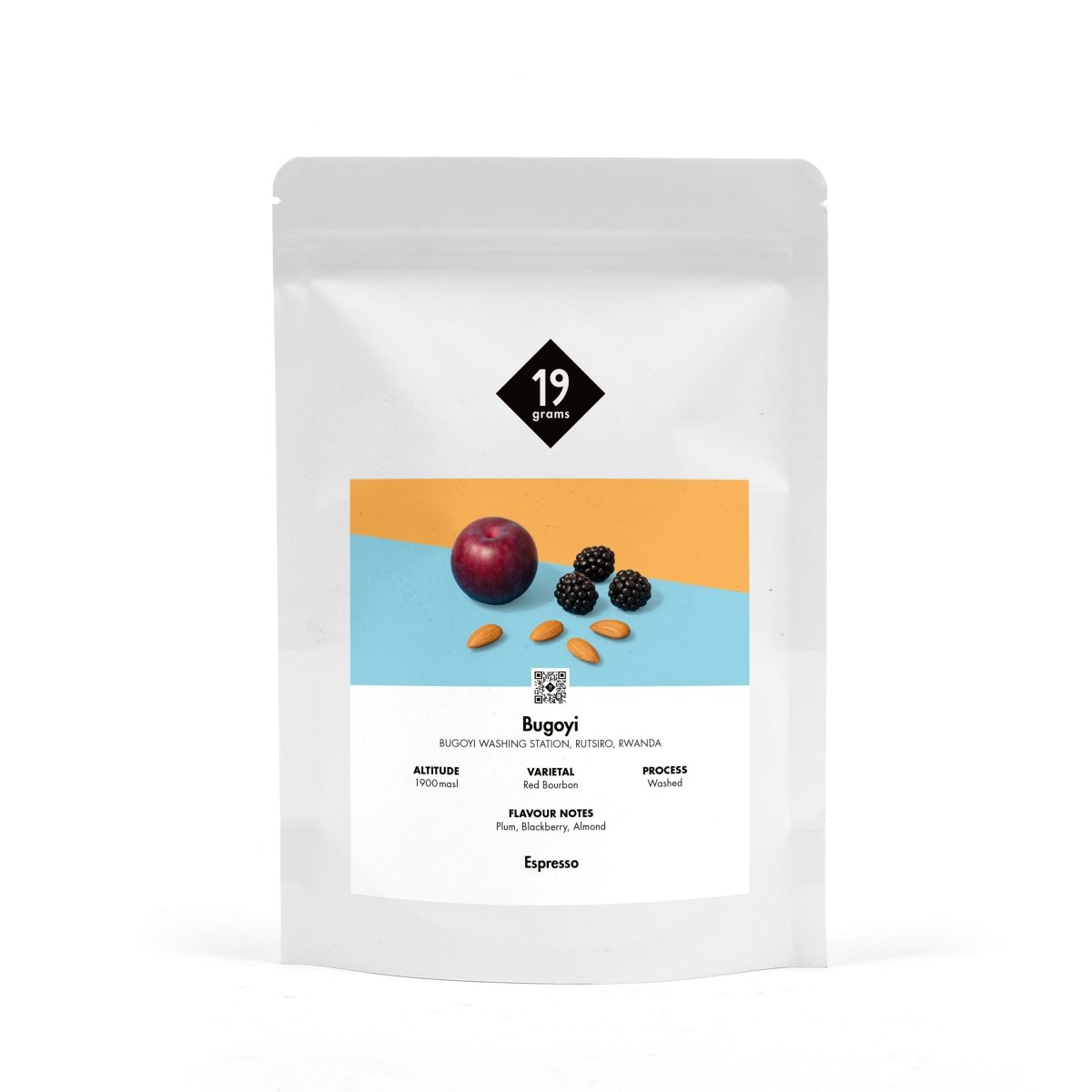 Ein kleiner Beutel 19grams Buyogi Espresso Kaffee mit Noten von Pflaume, Brombeeren und Mandeln