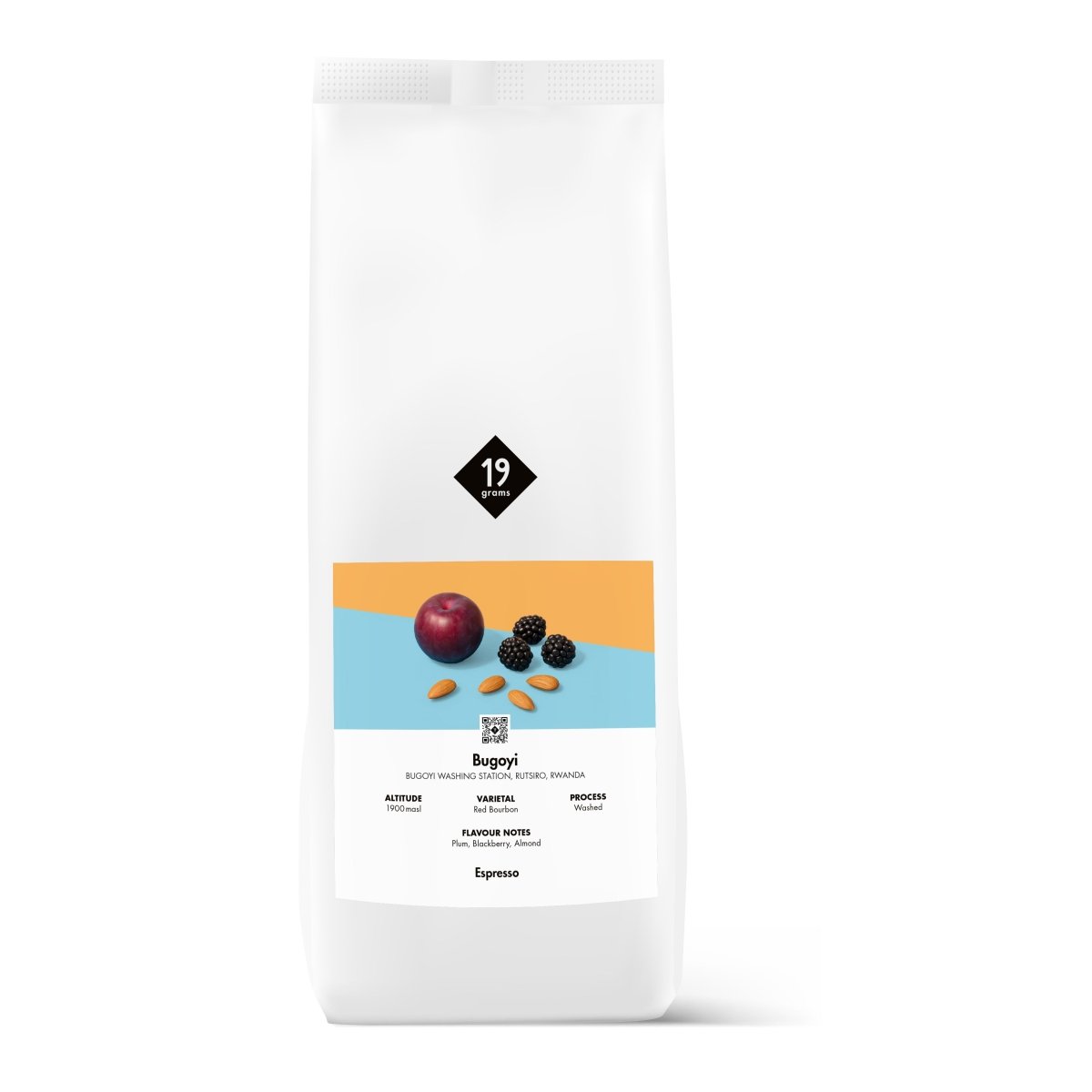 Ein Kilo Beutel 19grams Buyogi Espresso Kaffee mit Noten von Pflaume, Brombeeren und Mandeln