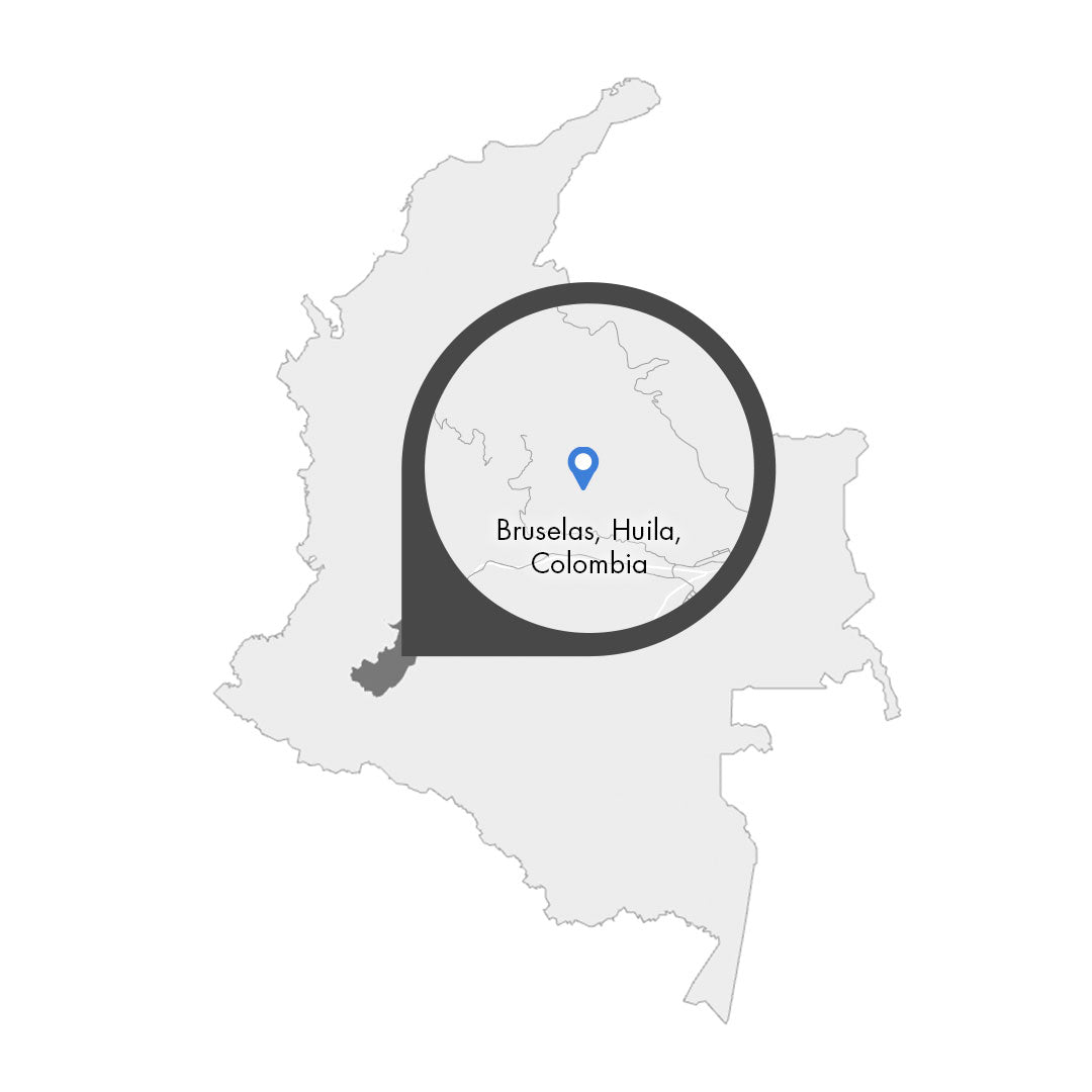Herkunftskarte Kolumbien – Kaffeeanbauregion Huila, Standortmarkierung bei Bruselas, Colombia