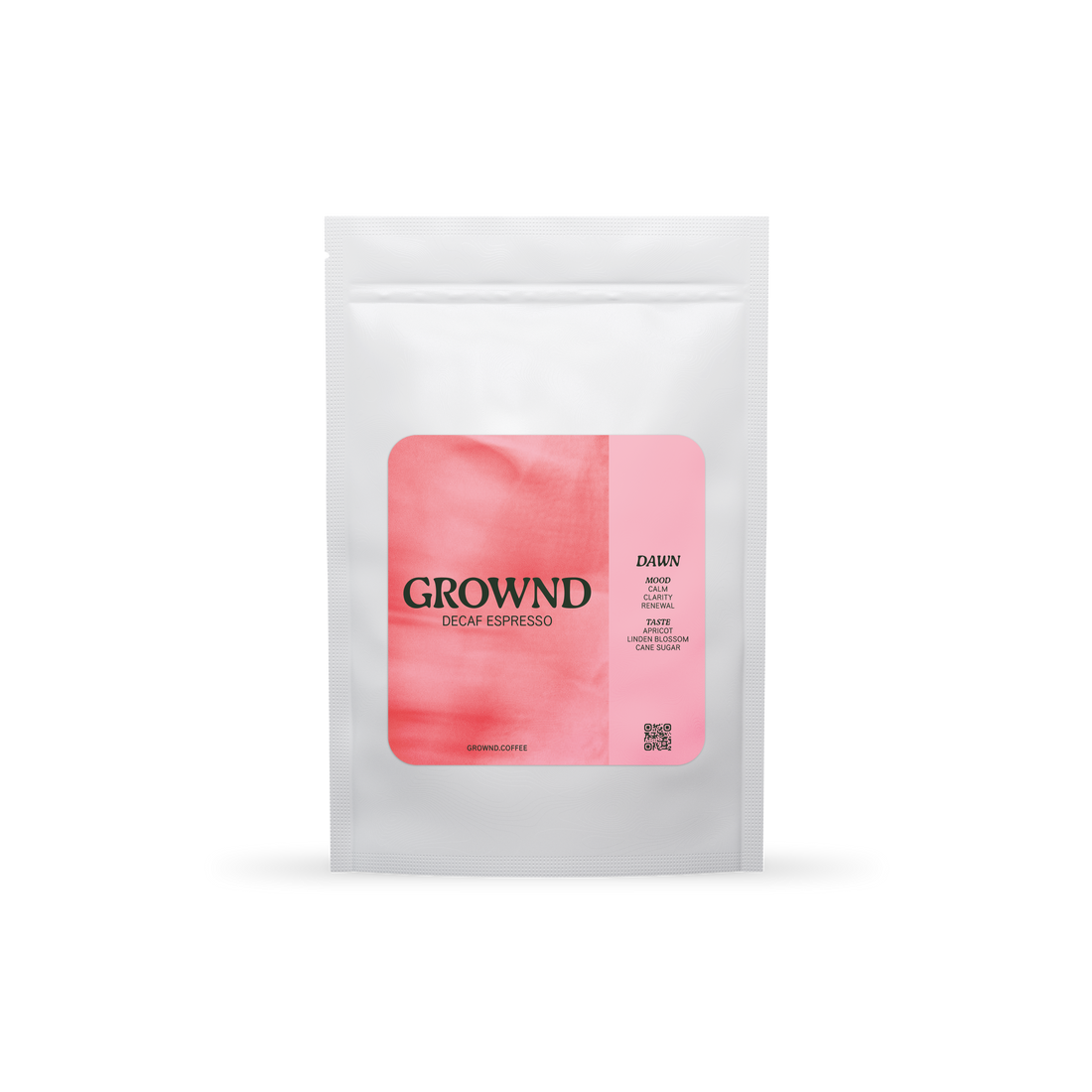 19grams GROWND DAWN Espresso Decaf – Freigestellter weißer Kaffeebeutel mit rosafarbenem Label, Geschmacksnoten Aprikose, Lindenblüte und Rohrzucker
