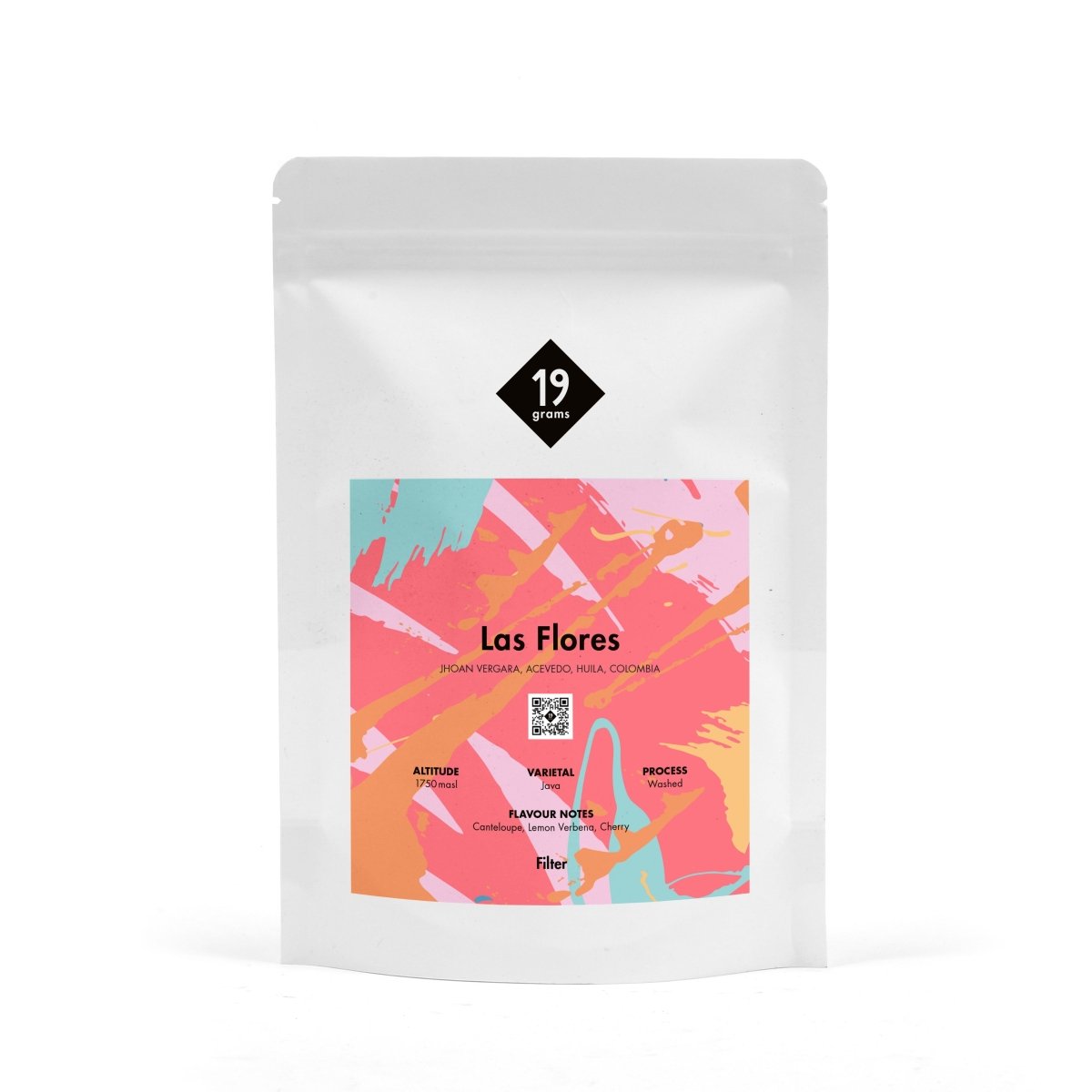Weißer Kaffeebeutel mit buntem Las Flores Java Etikett, Berlin Roastery, Specialty Coffee, 19grams.