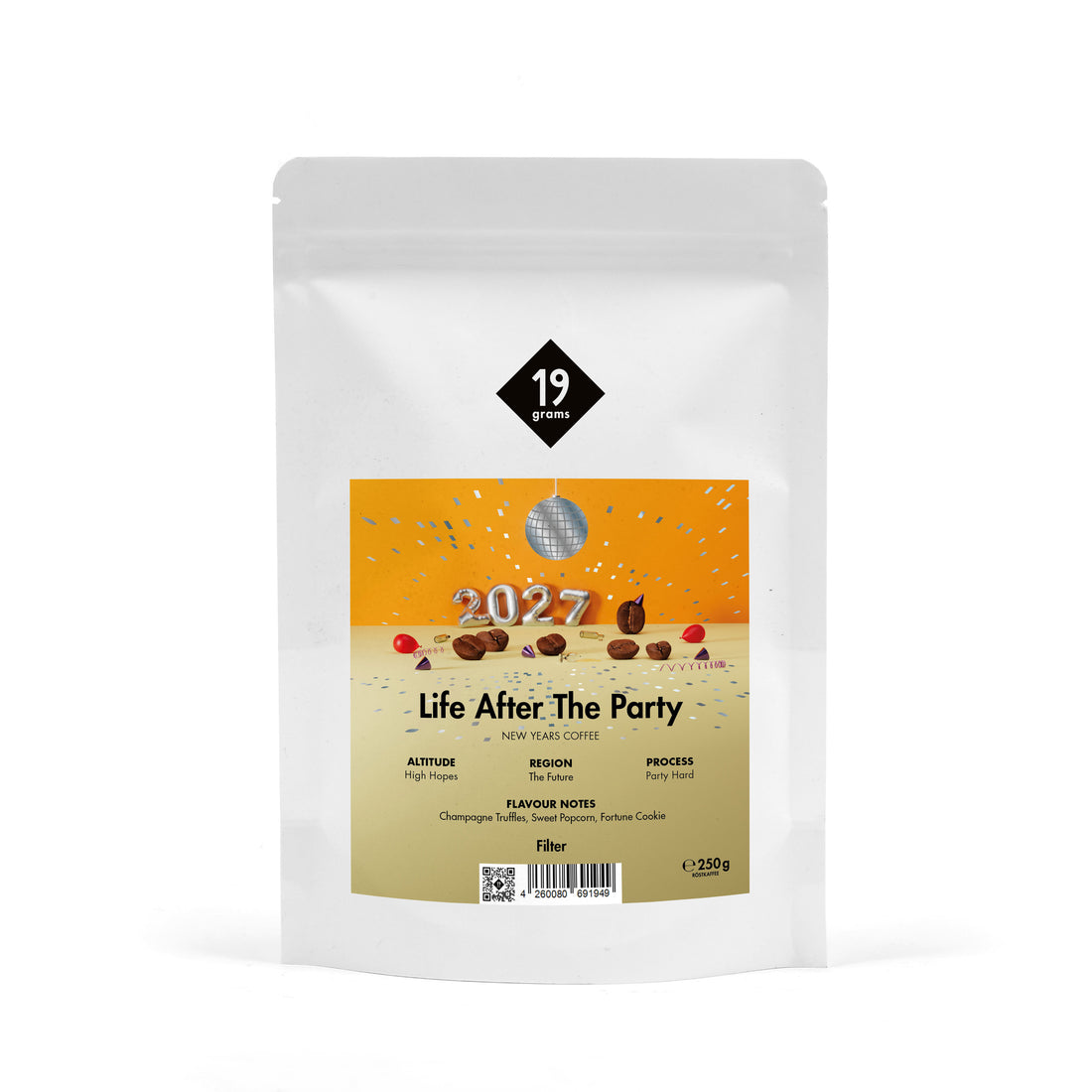 19grams Life After The Party Filter 250g Kaffeebeutel Produktmockup – Der Morgen danach, 12h Party Hard, mit Champagnertrüffel, Süßes Popcorn und Glückskeks