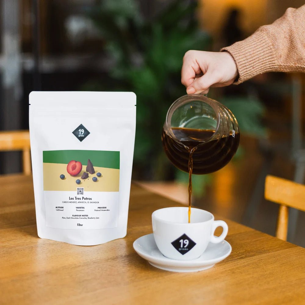 19grams Los Tres Potros Filter Kaffee auf dem Tisch mit einer Person die frischen Filterkaffee in eine Tasse füllt