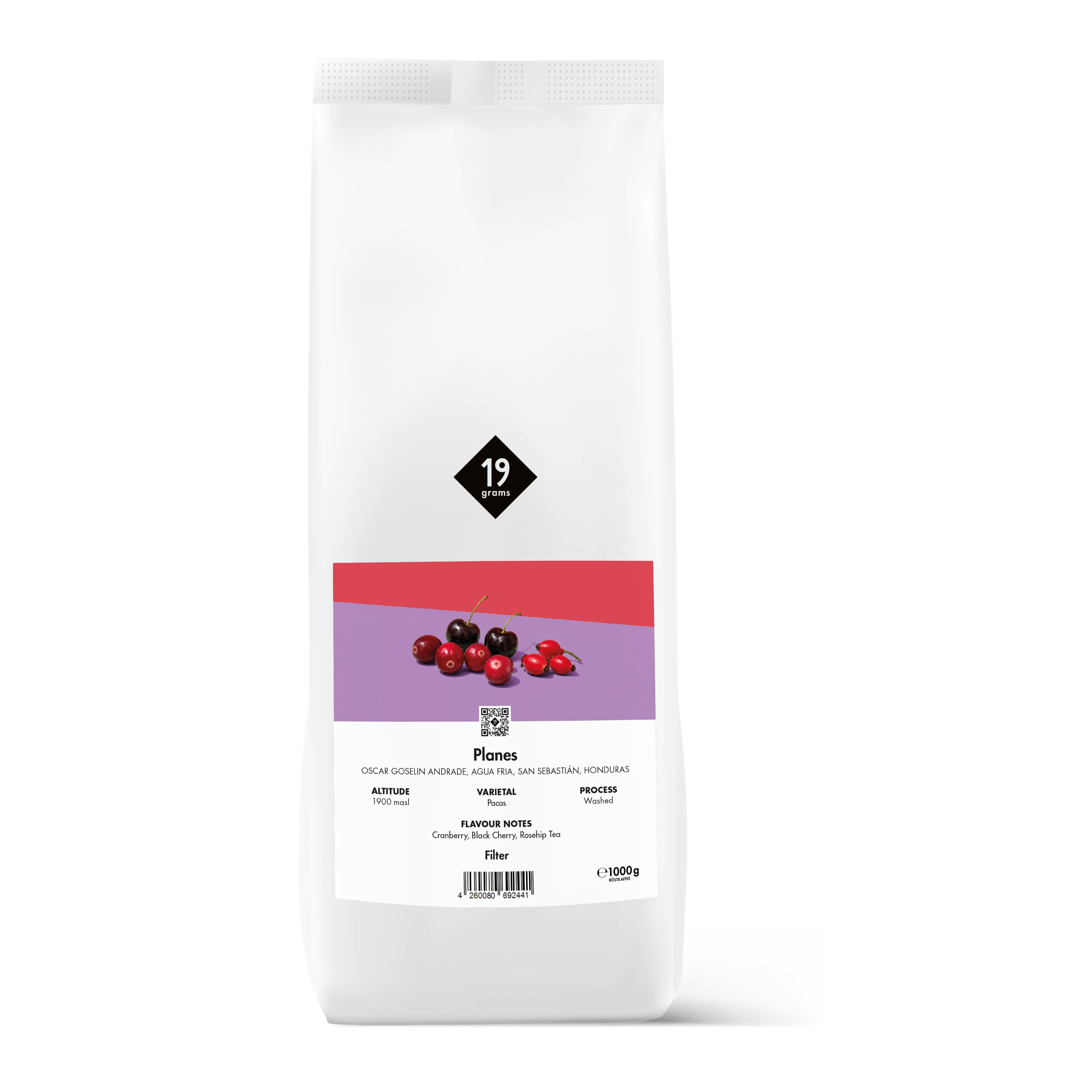 19grams Planes Specialty Coffee Filter – Kaffeebeutel Produktmockup 1000g, Single Origin aus Honduras (Pacas, washed) mit Aromen von Kirsche und Hagebutte, Kaffeerösterei Berlin