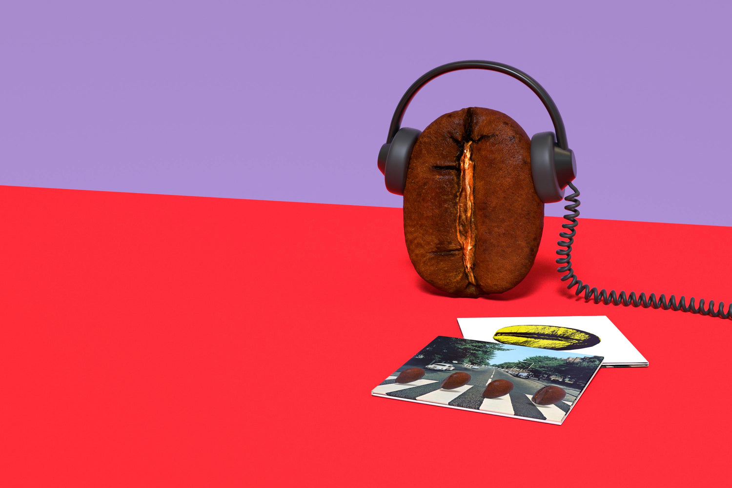 Kaffeebohne mit Kopfhörer und ein paar Schallplatten