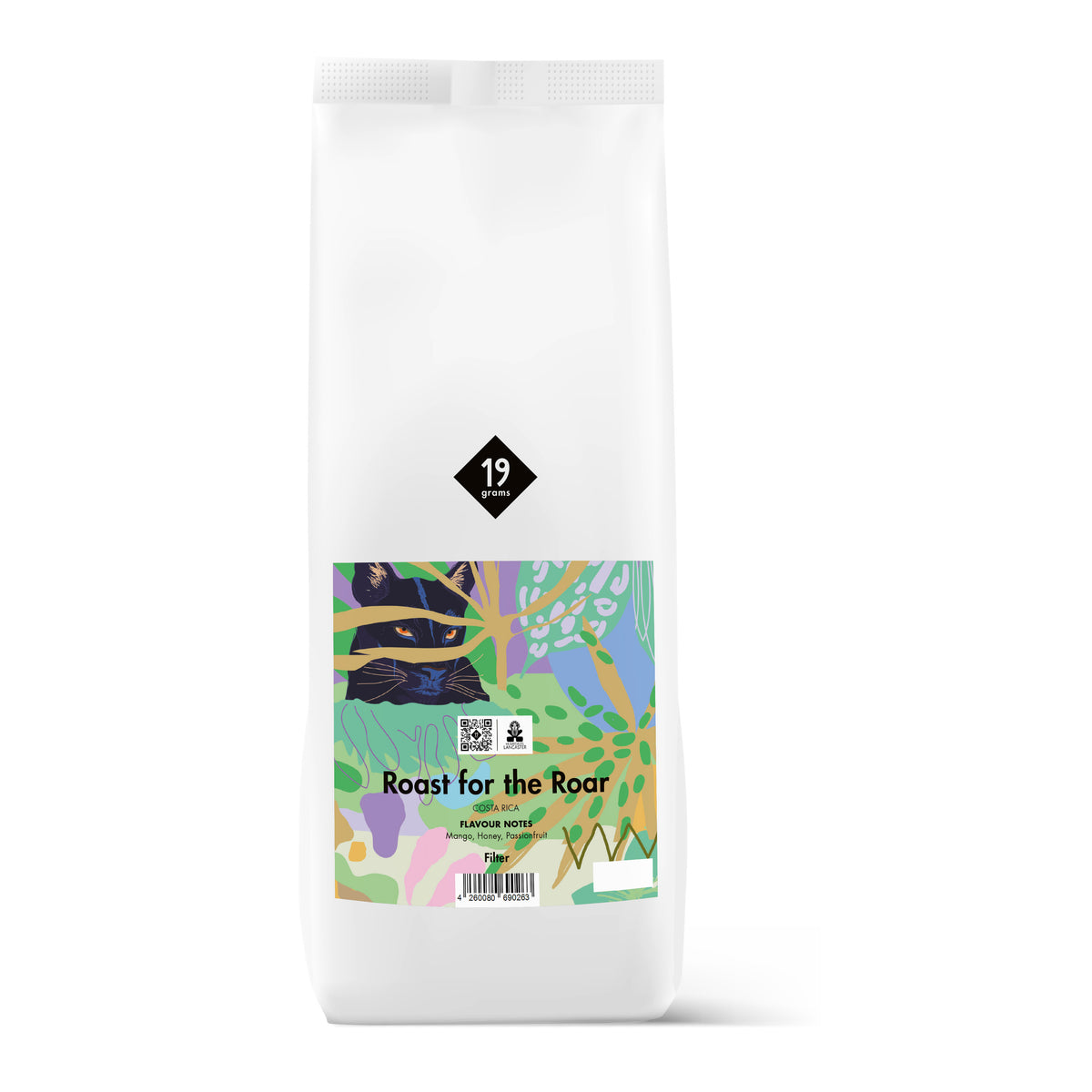 19grams Roast for the Roar Filter 1000g Kaffeebeutel Produktmockup – Costa Rica, mit Mango, Honig und Passionsfrucht