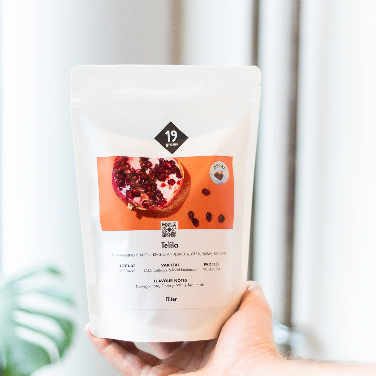 19grams Telila Decaf Kaffee mit in der Hand präsentiert.