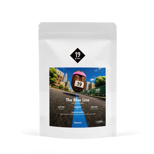 19grams The Blue Line Espresso – 250g Kaffeebeutel Produktmockup, Sonderedition zum Berlin-Marathon 2026, Kaffeerösterei Berlin