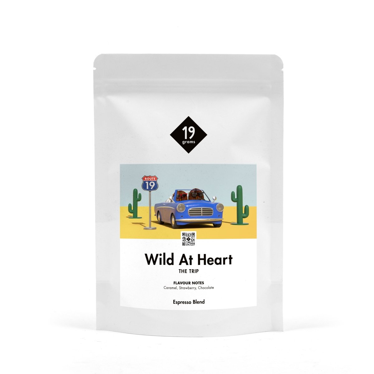19grams Wild At Heart Espresso mit Label von 2 Bohnen im blauen Cabrio