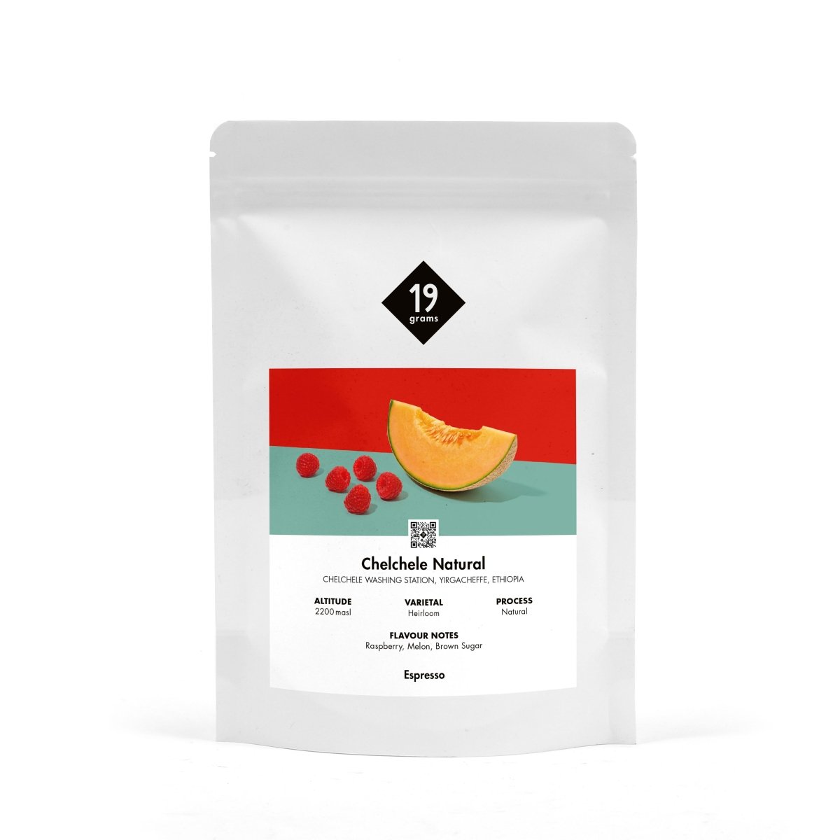 19grams Chelchele Espresso Kaffebohnen in der 250g Tüte mit Noten von Melone und Himbeeren