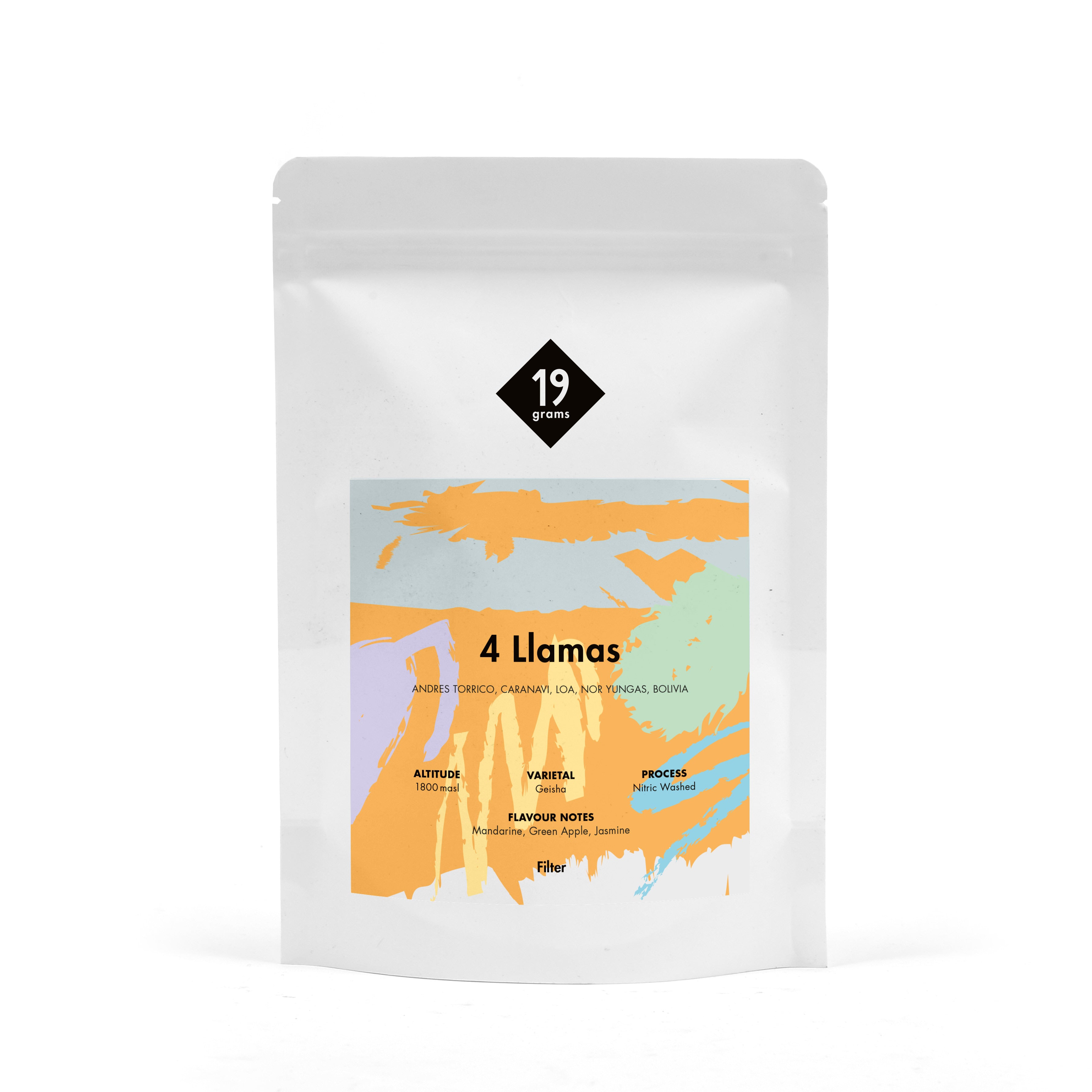 Mockup Vorderseite: 19grams 4Llamas Filterröstung