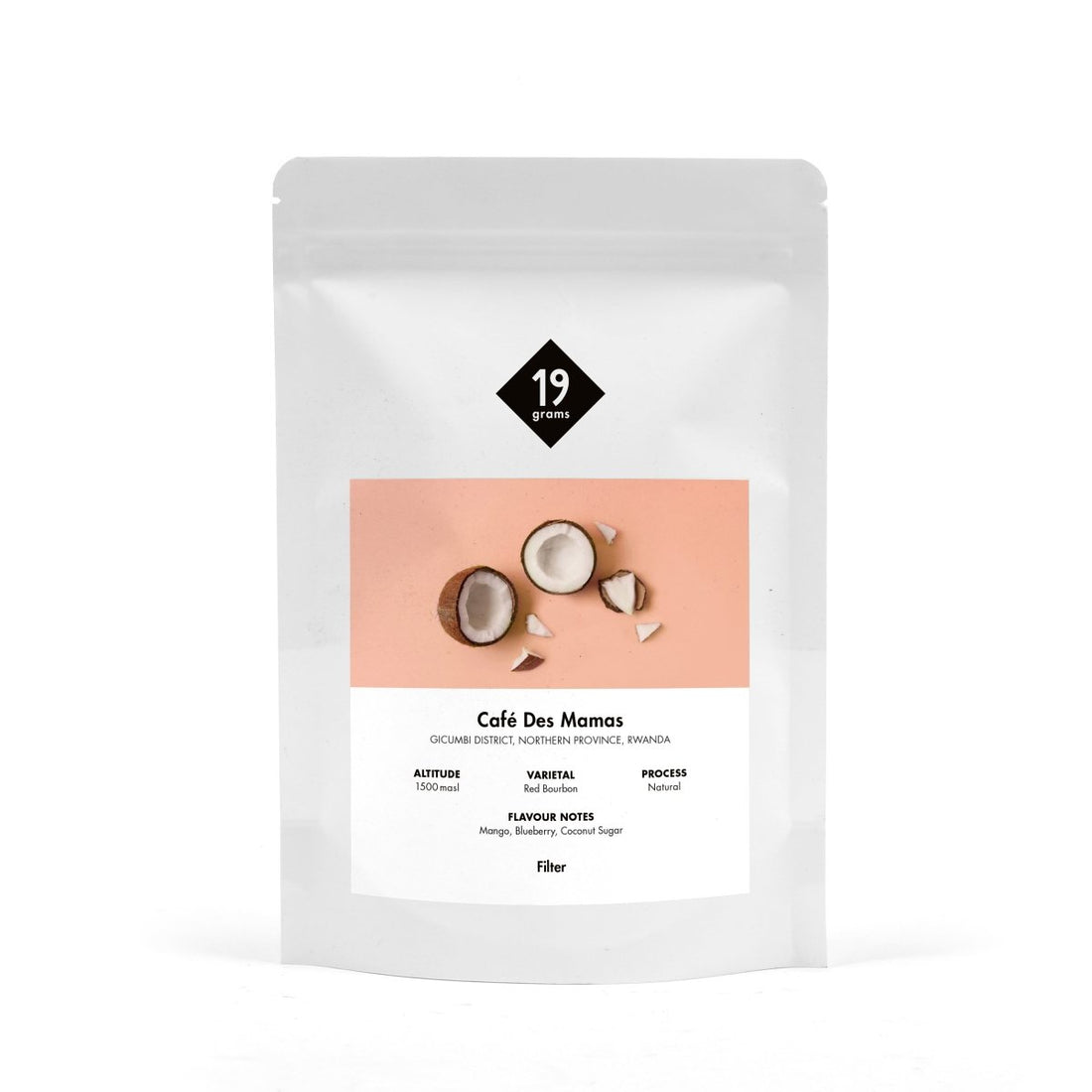 Mockup Vorderseite 19grams Products Café des Mamas - Ruanda Filter