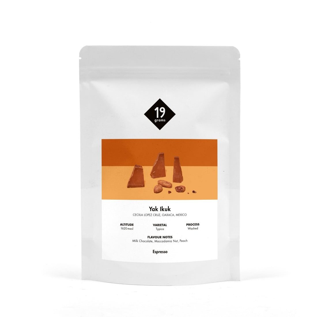 19grams Yak Ikuk Mexiko Espresso Tütenmockup auf weißem Grund