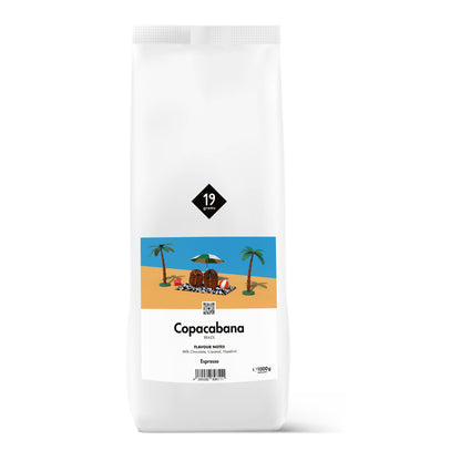 19grams Copacabana Espresso 1000g Kaffeebeutel Produktmockup – Brasilien, Natural, mit Milchschokolade, Karamell und Haselnuss