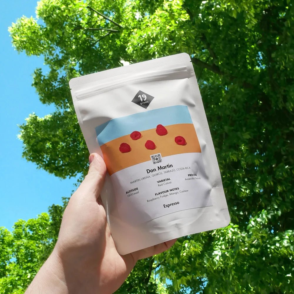 19grams Don Martin Espresso aus Berlin in der Hand präsentiert mit Baumkrone im Hintergrund