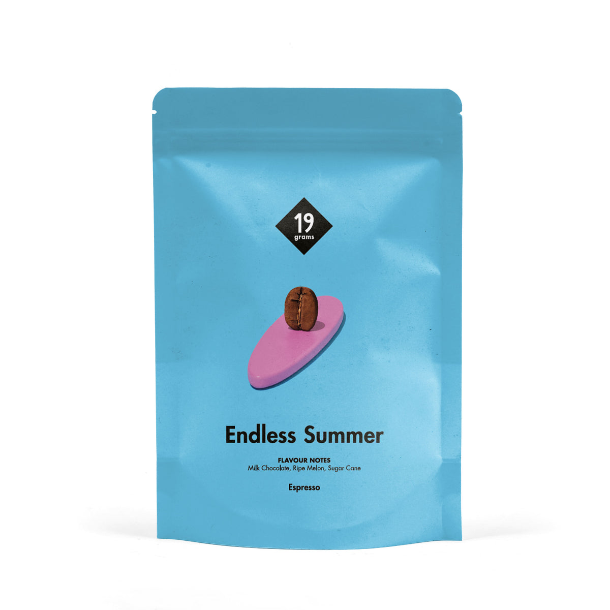 19grams Endless Summer Espresso – 250g Packung – Produktfoto der Verpackung mit Illustration einer Kaffeebohne auf pinkem Surfbrett