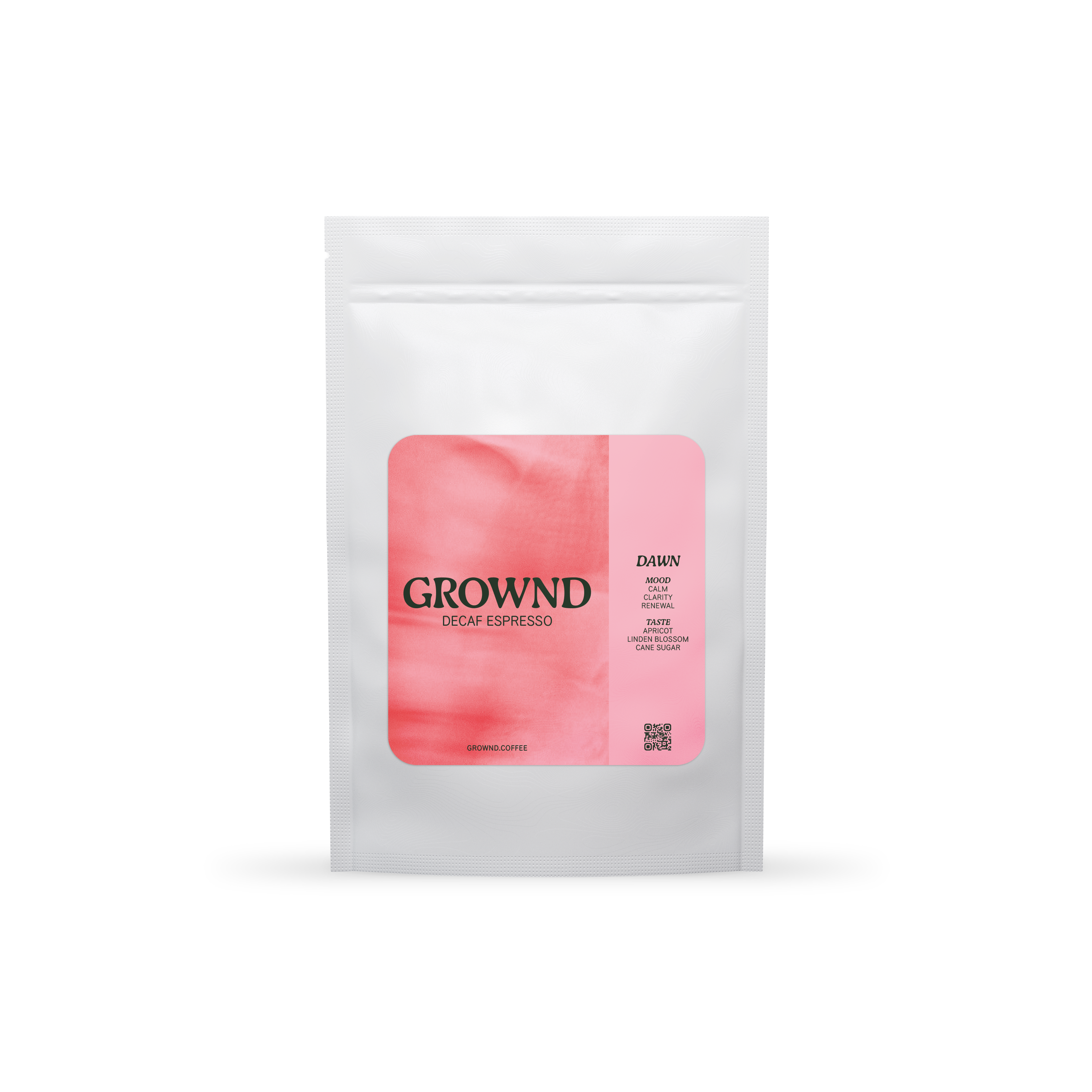 19grams GROWND DAWN Espresso Decaf – Freigestellter weißer Kaffeebeutel mit rosafarbenem Label, Geschmacksnoten Aprikose, Lindenblüte und Rohrzucker