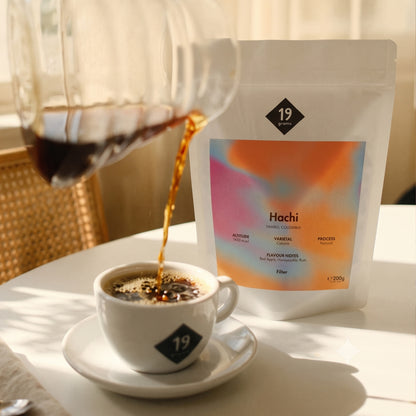 19grams Hachi Filter – Kaffee wird aus einer Glaskaraffe in eine Tasse gegossen, daneben steht der Kaffeebeutel mit buntem Verlaufslabel
