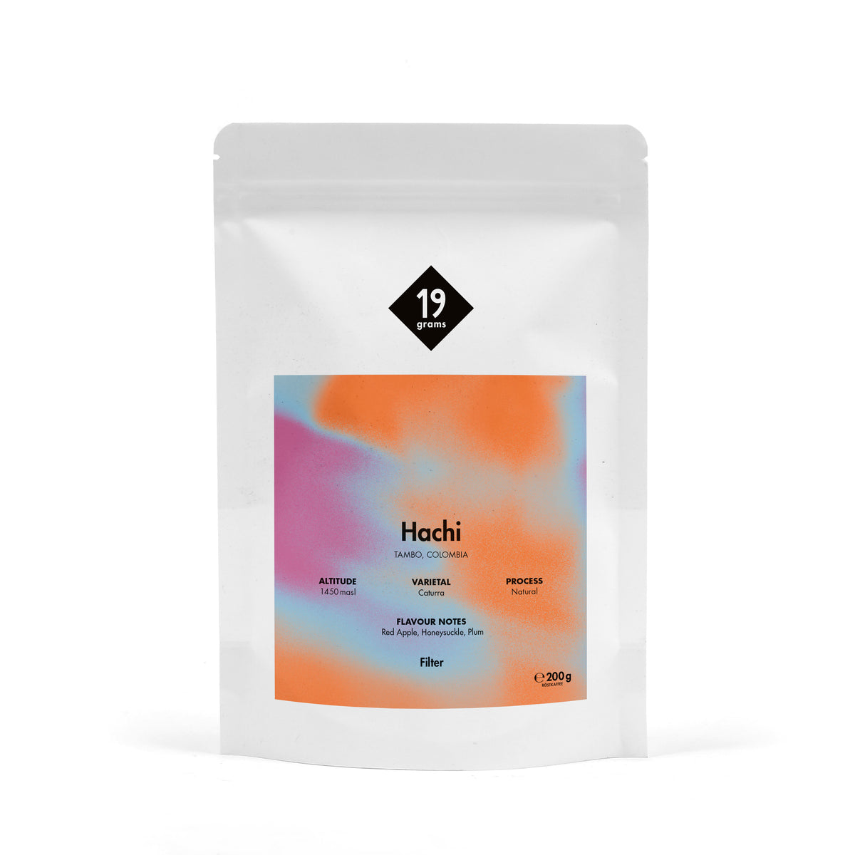 19grams Hachi Filter – Freigestellter 200-g-Kaffeebeutel mit buntem Verlaufslabel, Tambo Kolumbien, Geschmacksnoten roter Apfel, Geißblatt und Pflaume