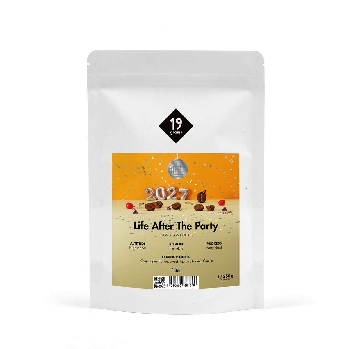 19grams Life After The Party Filter 250g Kaffeebeutel Produktmockup – Der Morgen danach, 12h Party Hard, mit Champagnertrüffel, Süßes Popcorn und Glückskeks
