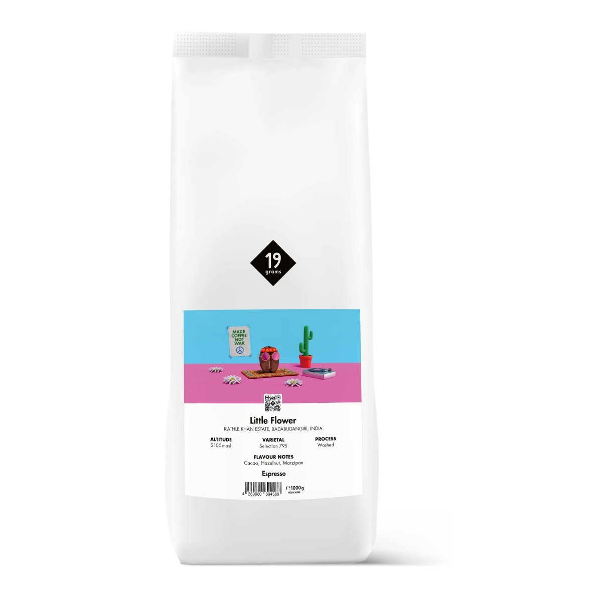 Produktmockup 19grams Kaffeeverpackung „Little Flower" Espresso 1kg – buntes Wüsten-Design mit Kaktus-Illustration auf weißem Hintergrund