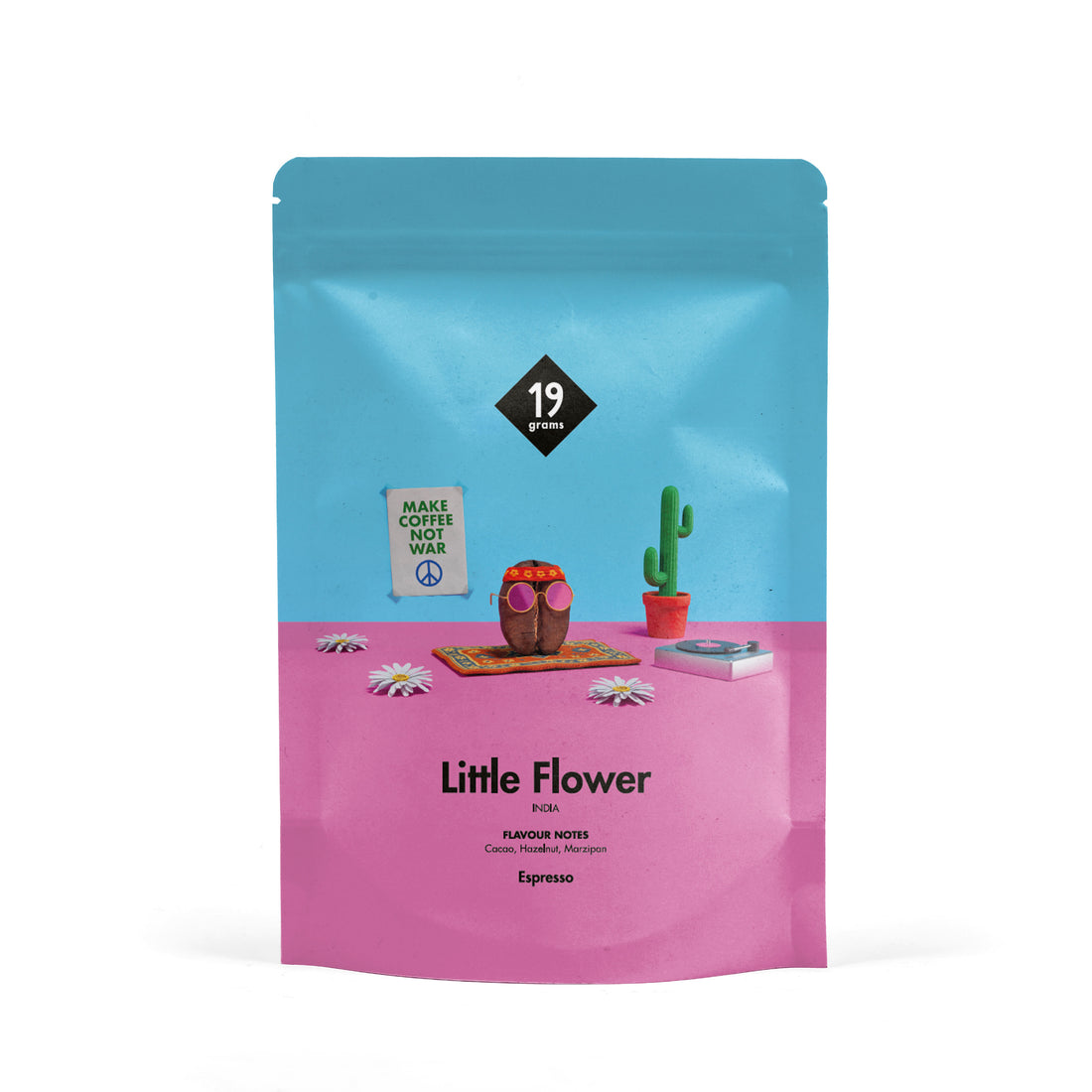 19grams Little Flower Espresso – 250g Packung – Produktfoto der Verpackung mit Illustration einer Kaffeebohne mit Sonnenbrille vor pinkem Hintergrund