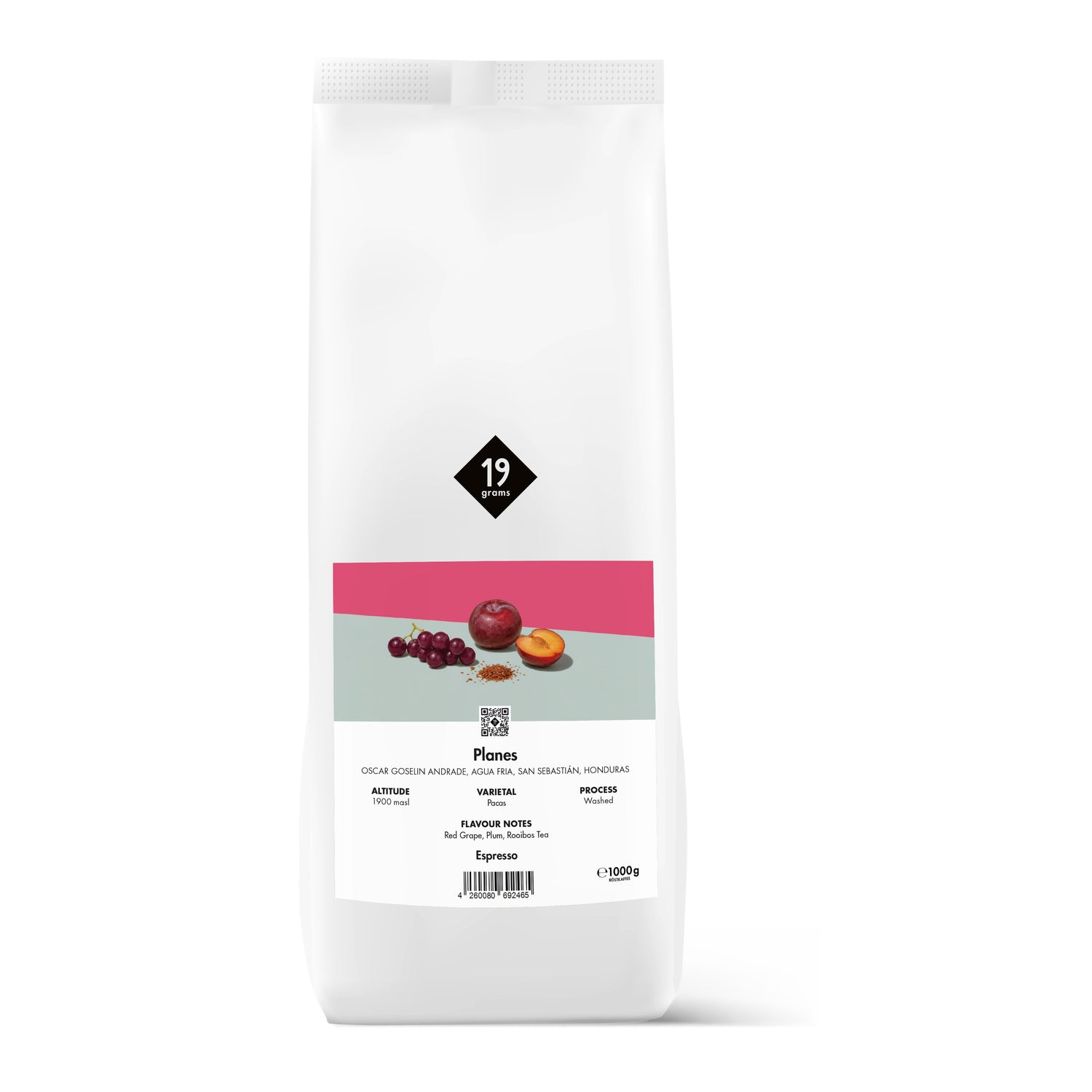 19grams Planes Specialty Coffee Espresso – Kaffeebeutel Produktmockup 1000g, Single Origin aus Honduras (Pacas, washed) mit Aromen von roten Trauben, Pflaume und Rooibos-Tee, Kaffeerösterei Berlin