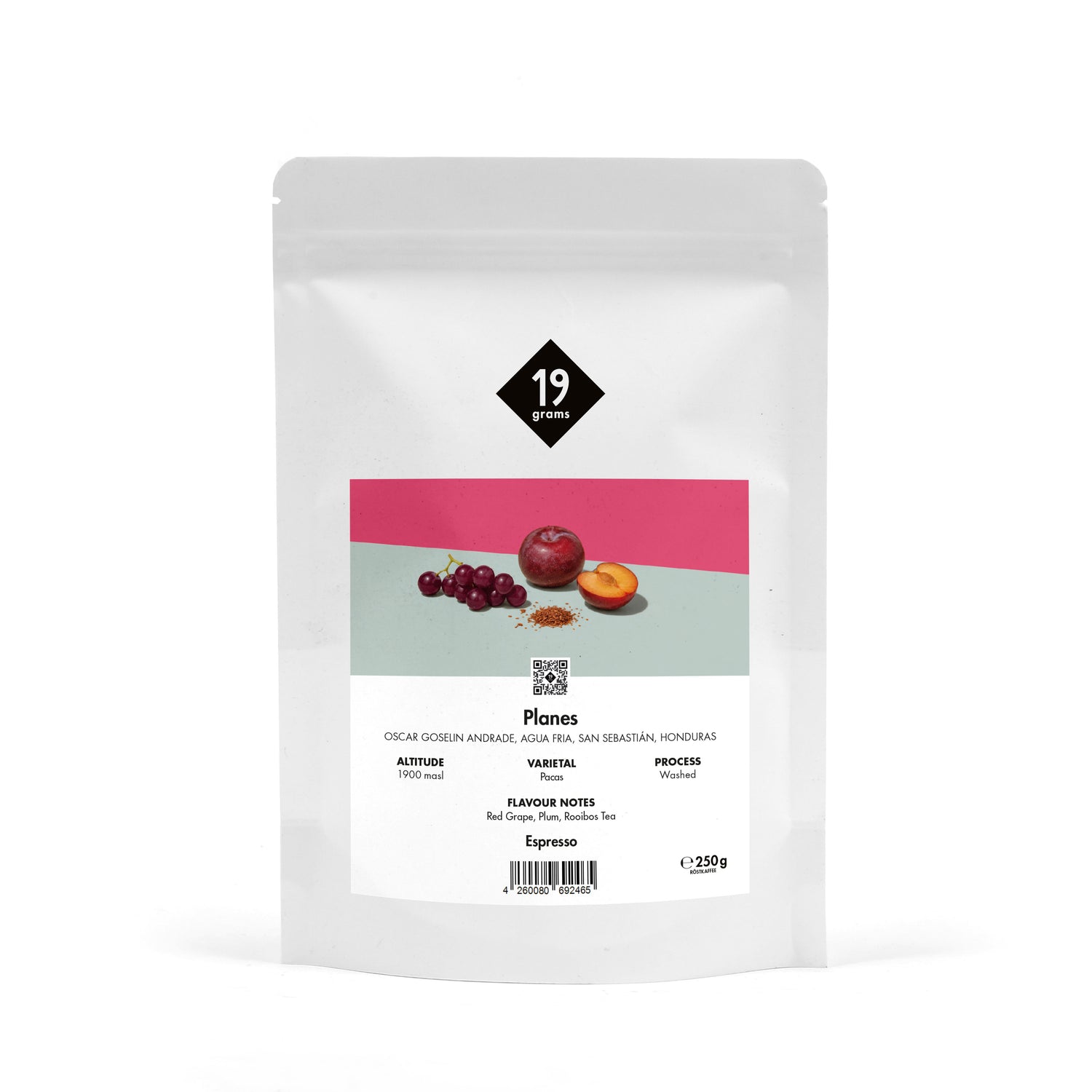 19grams Planes Specialty Coffee Espresso – Kaffeebeutel Produktmockup 250g Standbeutel, Single Origin aus Honduras (Pacas, washed) mit Aromen von roten Trauben, Pflaume und Rooibos-Tee, Kaffeerösterei Berlin