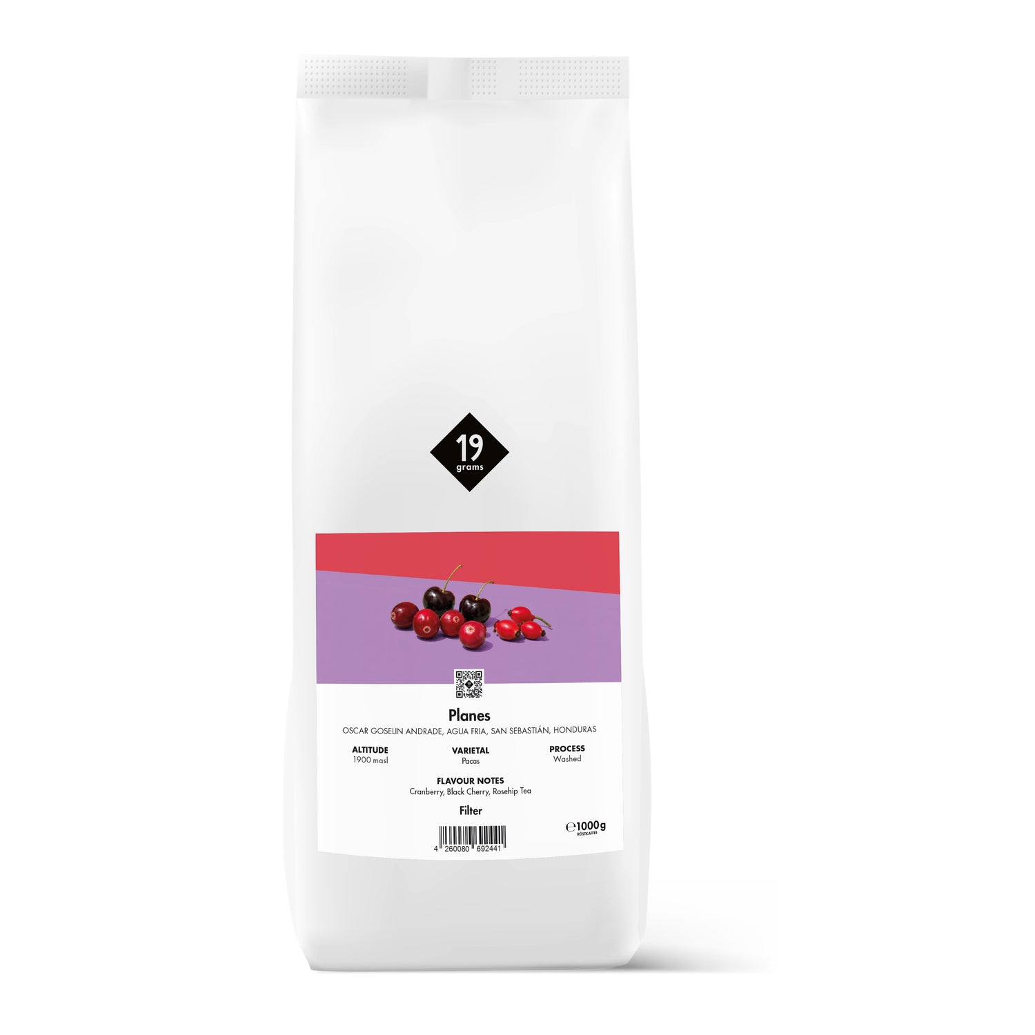 19grams Planes Specialty Coffee Filter – Kaffeebeutel Produktmockup 1000g, Single Origin aus Honduras (Pacas, washed) mit Aromen von Kirsche und Hagebutte, Kaffeerösterei Berlin