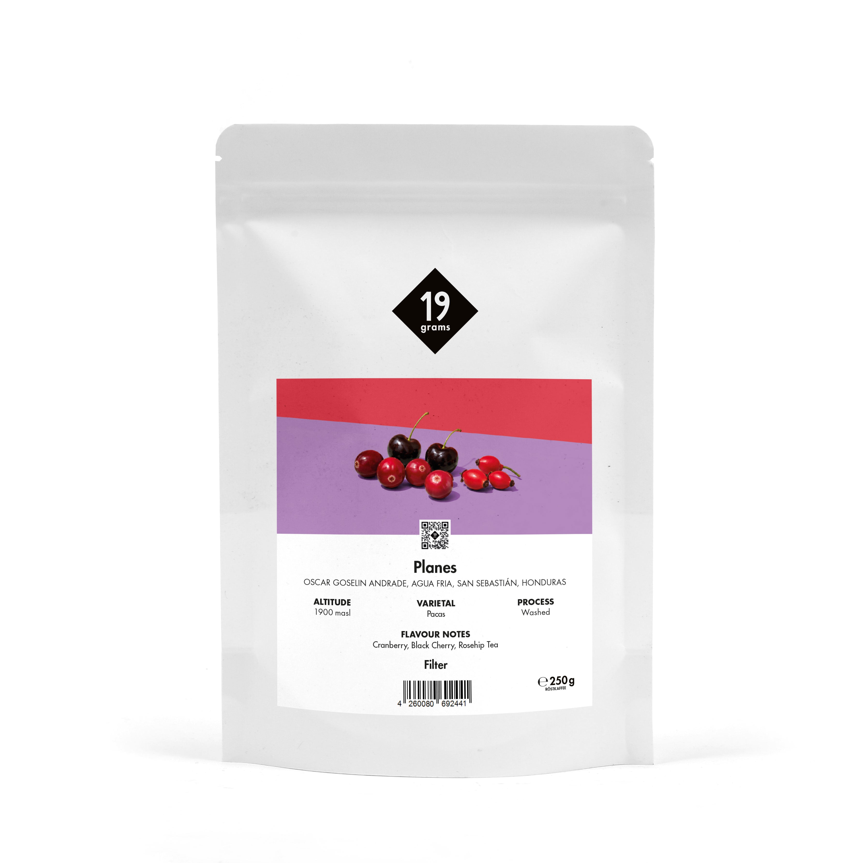 19grams Planes Specialty Coffee Filter – Kaffeebeutel Produktmockup 250g Standbeutel, Single Origin aus Honduras (Pacas, washed) mit Aromen von Kirsche und Hagebutte, Kaffeerösterei Berlin