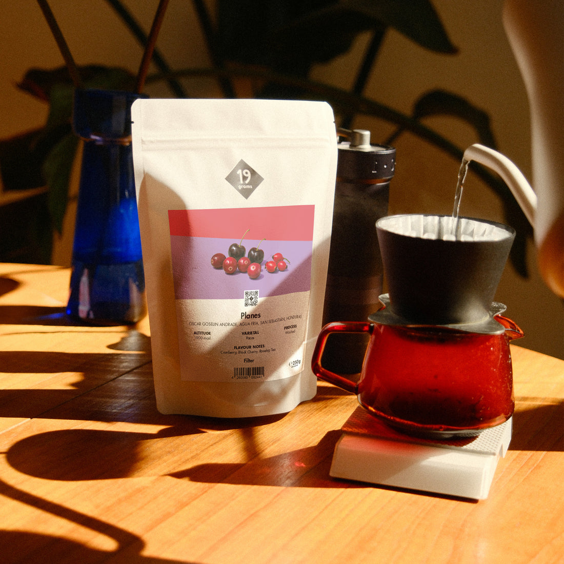 19grams Planes Specialty Coffee Filter – Kaffeebeutel neben Pour-Over-Handaufguss mit Glaskaraffe auf Holztisch im warmen Licht, Single Origin aus Honduras, Kaffeerösterei Berlin