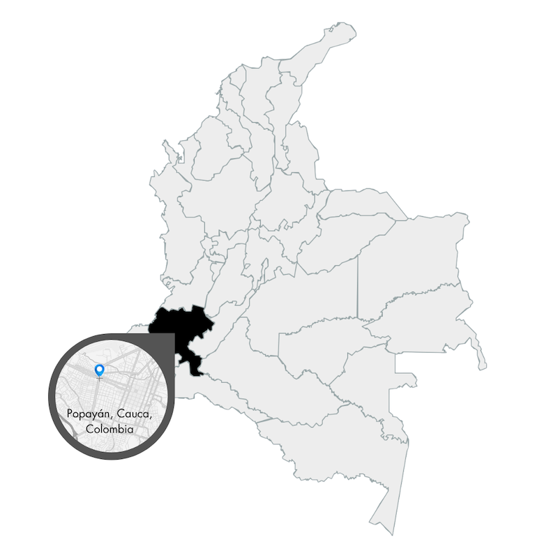 Karte mit Columbien mit Vergrößerung der Farm Popayan