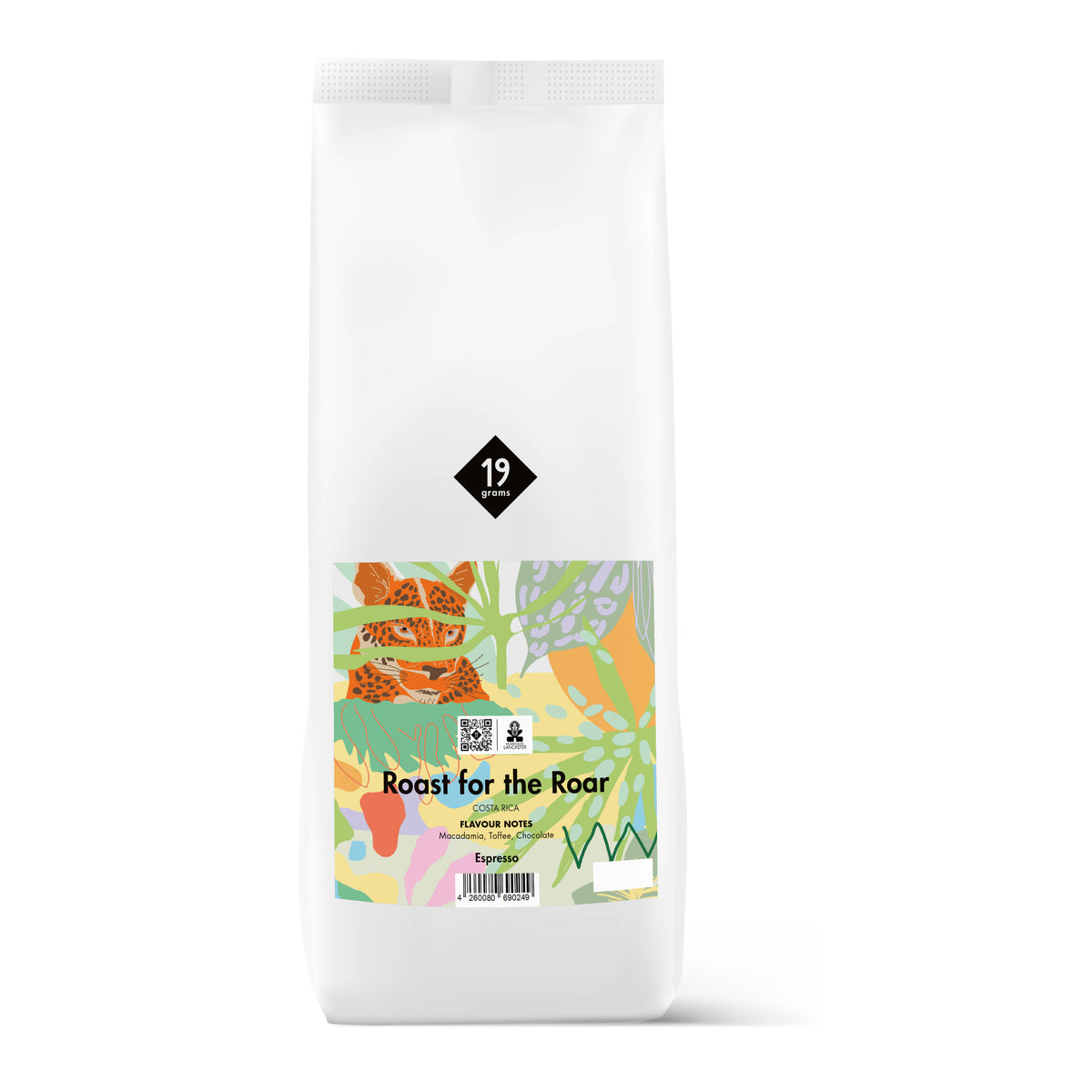 19grams Roast for the Roar Espresso 1000g Kaffeebeutel Produktmockup – Costa Rica, mit Macadamia, Toffee und Schokolade