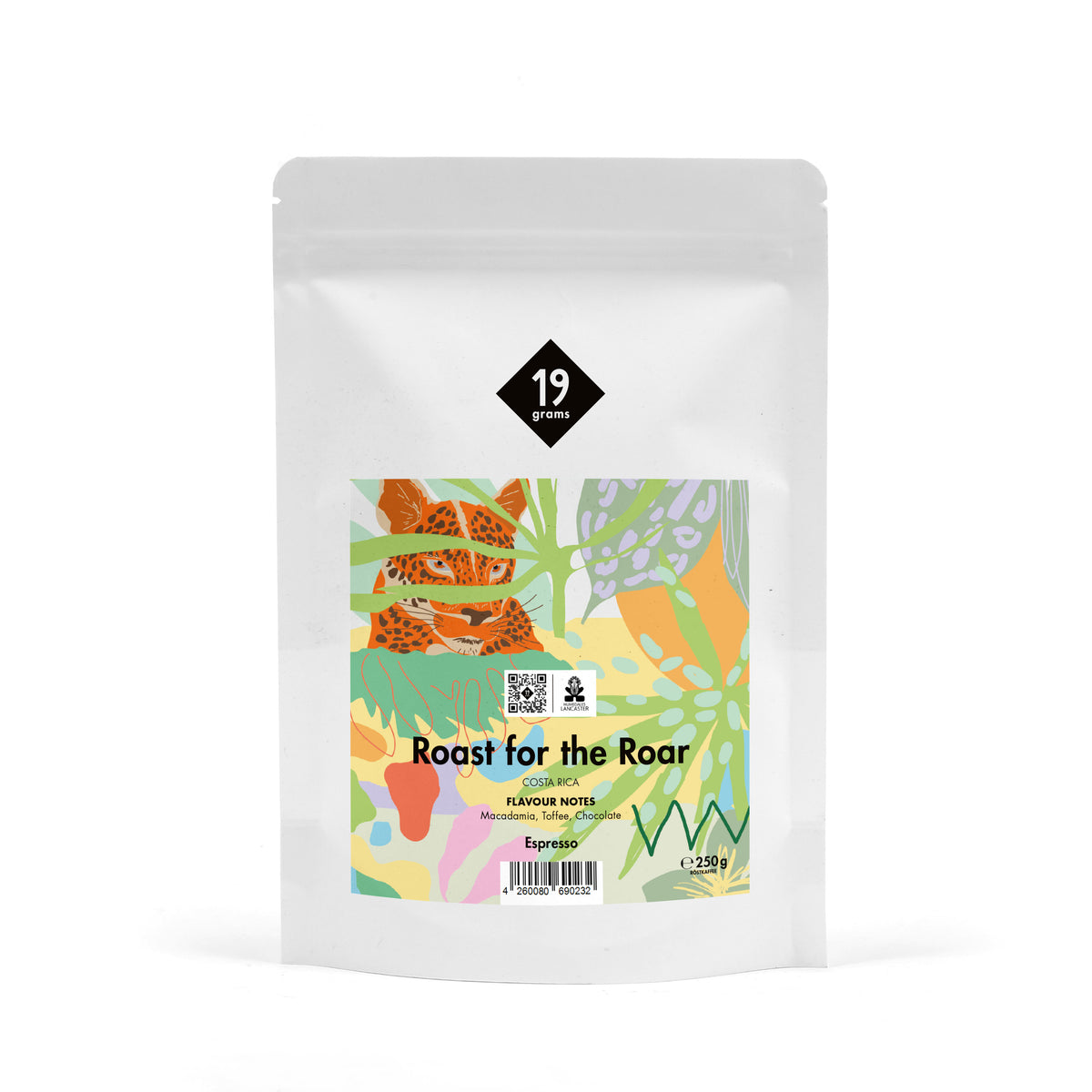 19grams Roast for the Roar Espresso 250g Kaffeebeutel Produktmockup – Costa Rica, mit Macadamia, Toffee und Schokolade