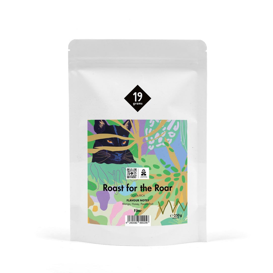 19grams Roast for the Roar Filter 250g Kaffeebeutel Produktmockup – Costa Rica, mit Mango, Honig und Passionsfrucht