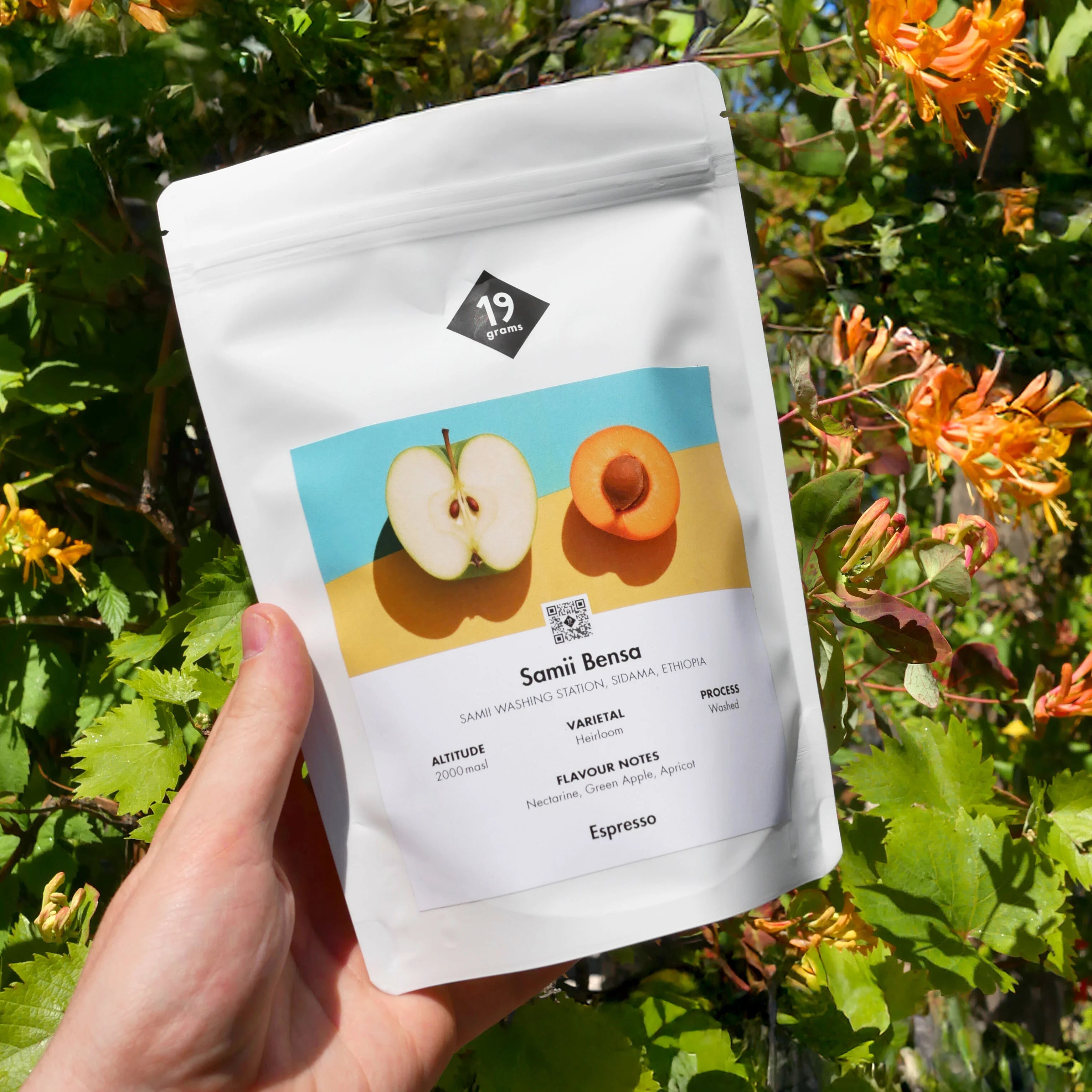 19grams Samii Bensa Espresso in der Hand präsentiert mit Blüten und Blättern im Hintergrund