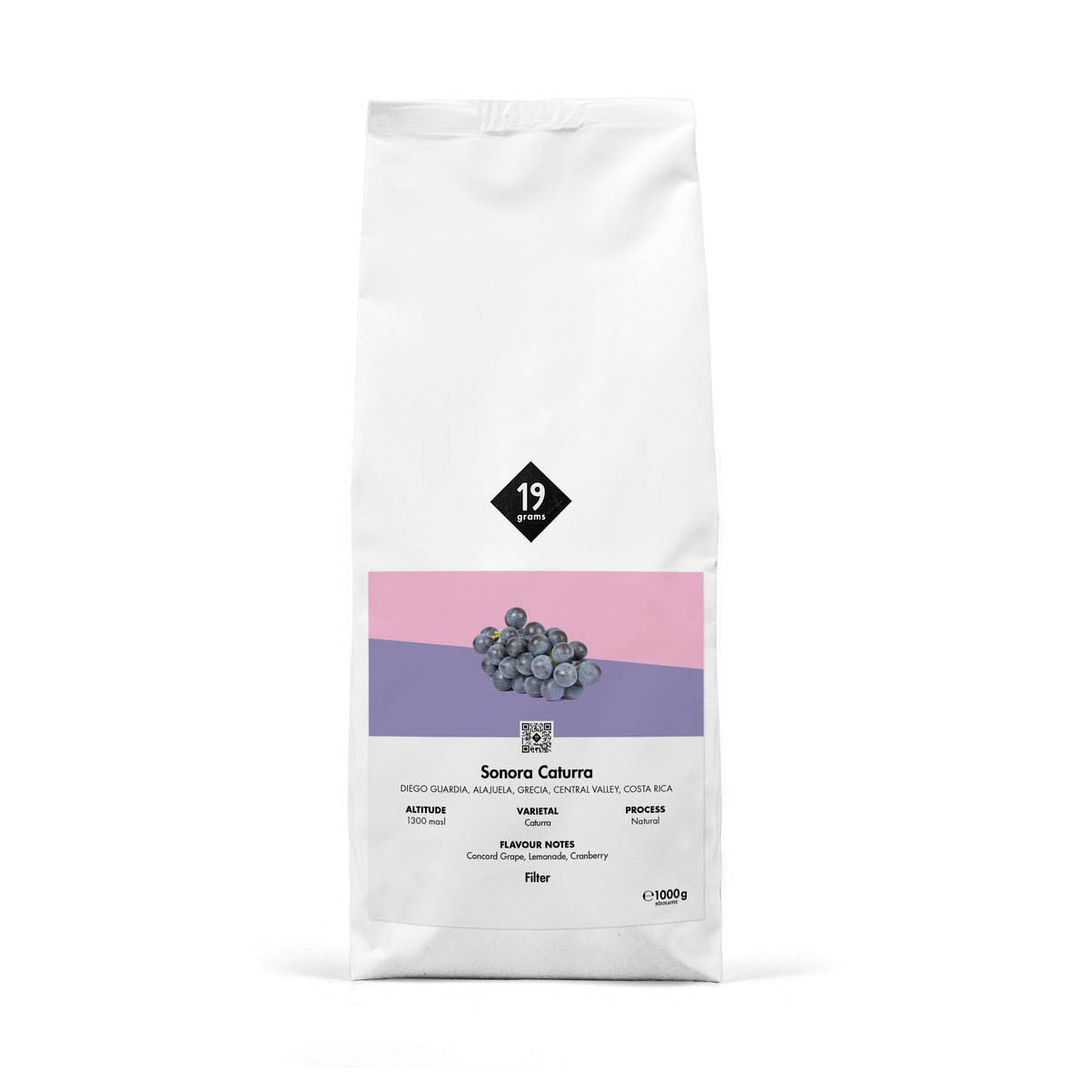 19grams Sonora Caturra Filter 1000g Kaffeebeutel Produktmockup – Single Origin aus Grecia, Alajuela, Costa Rica, Caturra natural, Filterkaffee Großpackung