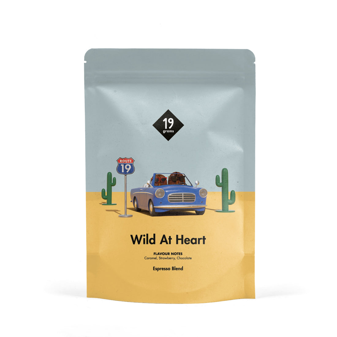 19grams Wild At Heart Espresso – 250g Packung – Produktfoto der Verpackung mit Illustration eines blauen Cabrios zwischen Kakteen in der Wüste