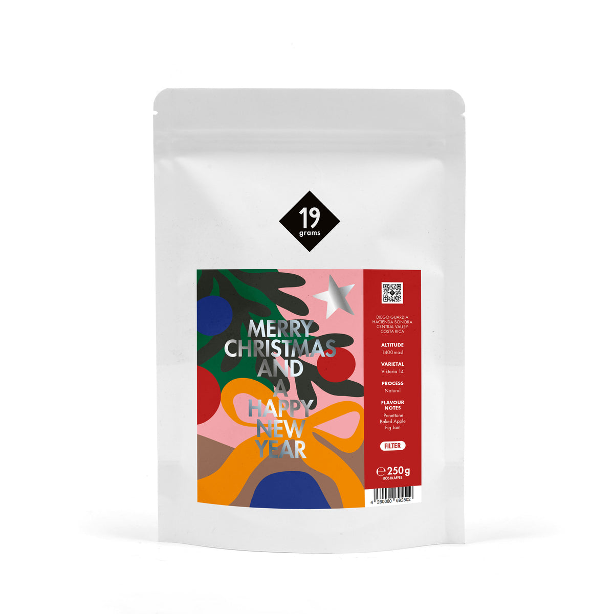 19grams Christmas Coffee Filter 250g Kaffeebeutel Produktmockup – Costa Rica, Natural, mit Panettone, Bratapfel und Feigenmarmelade