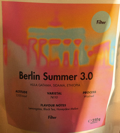 19grams Berlin Summer 3.0 Kaffee – 250 g – Etikett im Detail: Brandenburger Tor als Wärmebild, Hula Gatama, Sidama, Ethiopia, Altitude 2200 masl, Varietal 74110, Process Washed, Flavour Notes Lemongrass, Black Tea, Honeydew Melon