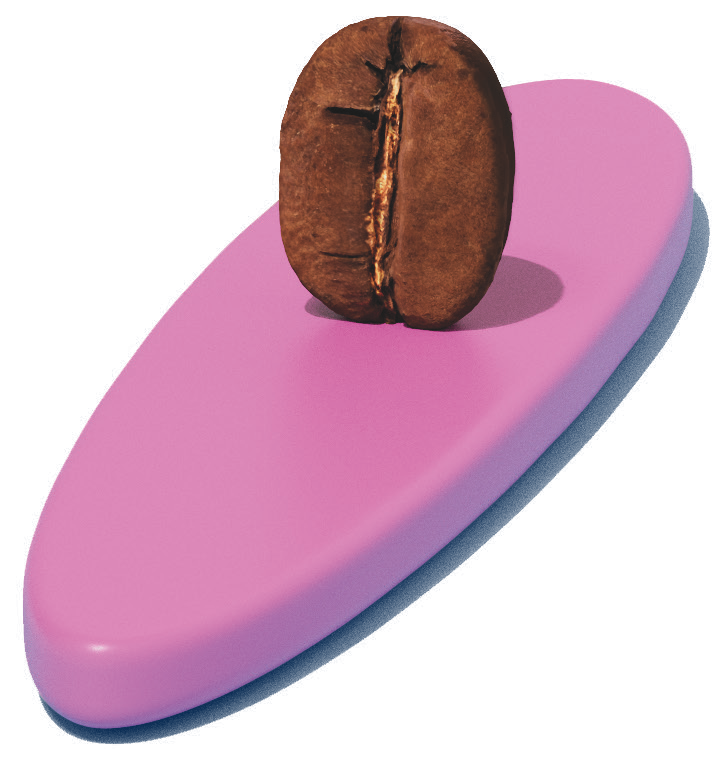 Eine Kaffeebohne steht auf einem pinken Surfbrett, das Motiv von der Endless-Summer-Tüte