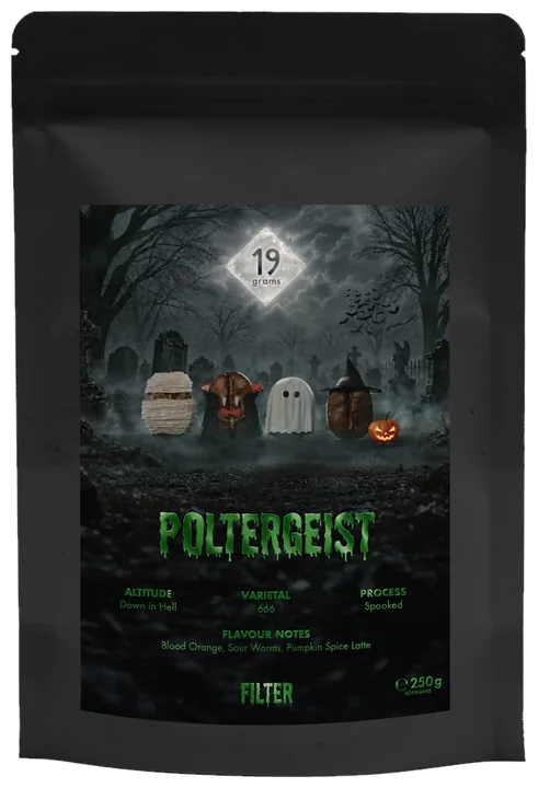 19grams Poltergeist Halloween Kaffee, 250 g Filter, schwarze Tüte mit Friedhofs-Label