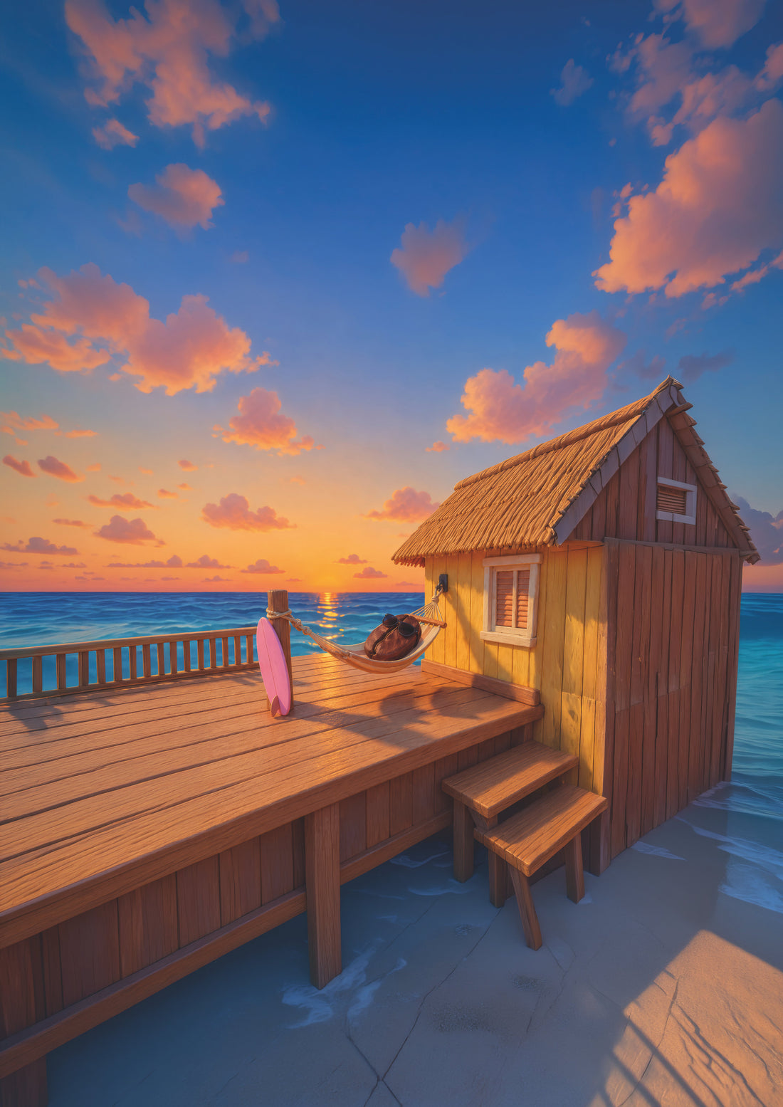 Illustration: Eine Kaffeebohne mit Sonnenbrille liegt in einer Hängematte auf der Veranda einer Strandhütte. Daneben lehnen ein pinkes Surfbrett und sitzt ein roter Krebs, dahinter geht die Sonne über dem Meer unter.