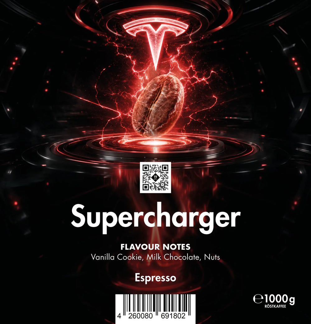 Das Supercharger-Etikett: Bohne über einem roten Ladepad, QR-Code, Flavour Notes, Espresso, 1000 g